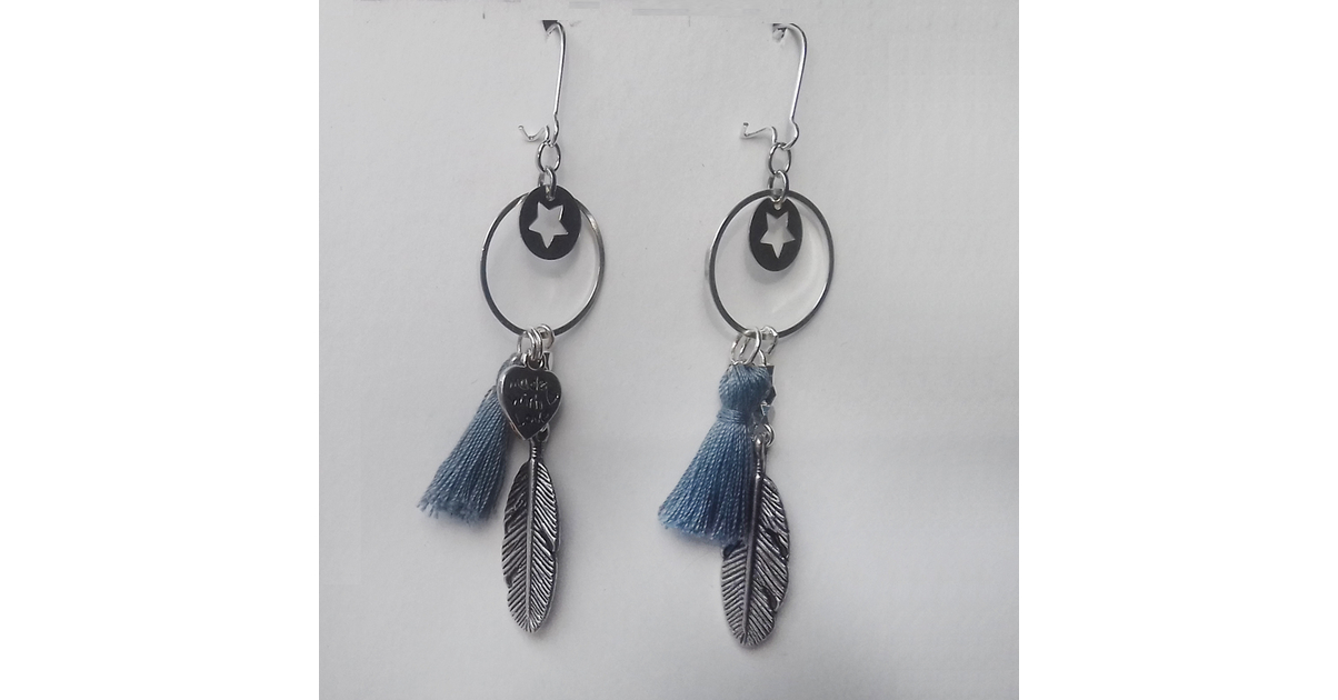 Boucles D'oreilles Pendentif Attrape-rêve - Perles Et Métal - Dominante Bleue - Neuves